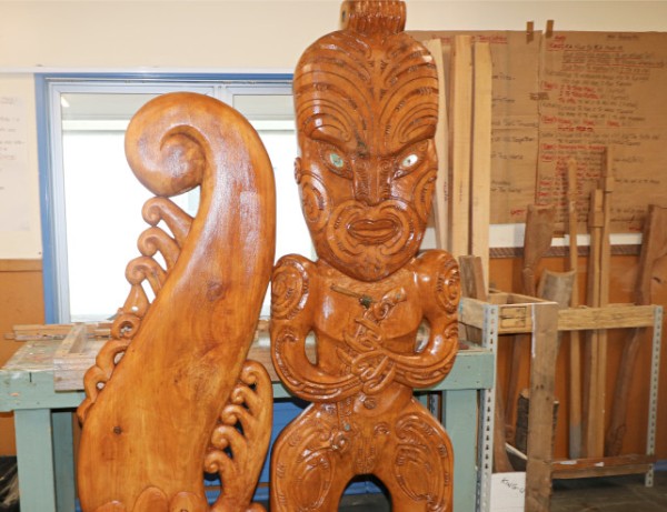 A carving from a solid block of macrocarpa of the brothers Rongomātāne and Haumietiketike.